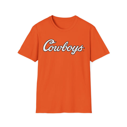 Noah McKinney #77 Orange Cursive Cowboys T-Shirt
